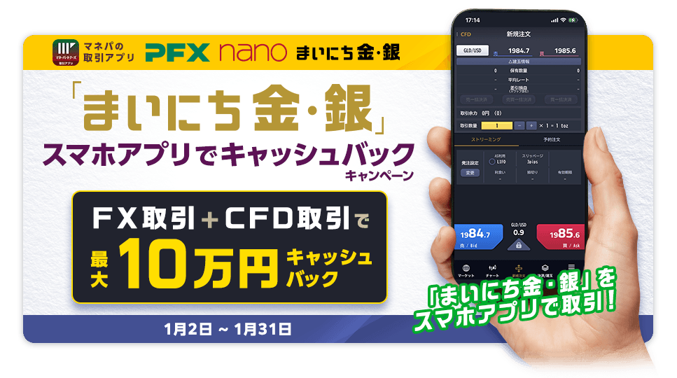 「まいにち金・銀」追加記念！スマホアプリでキャッシュバックキャンペーン（2024年1月）